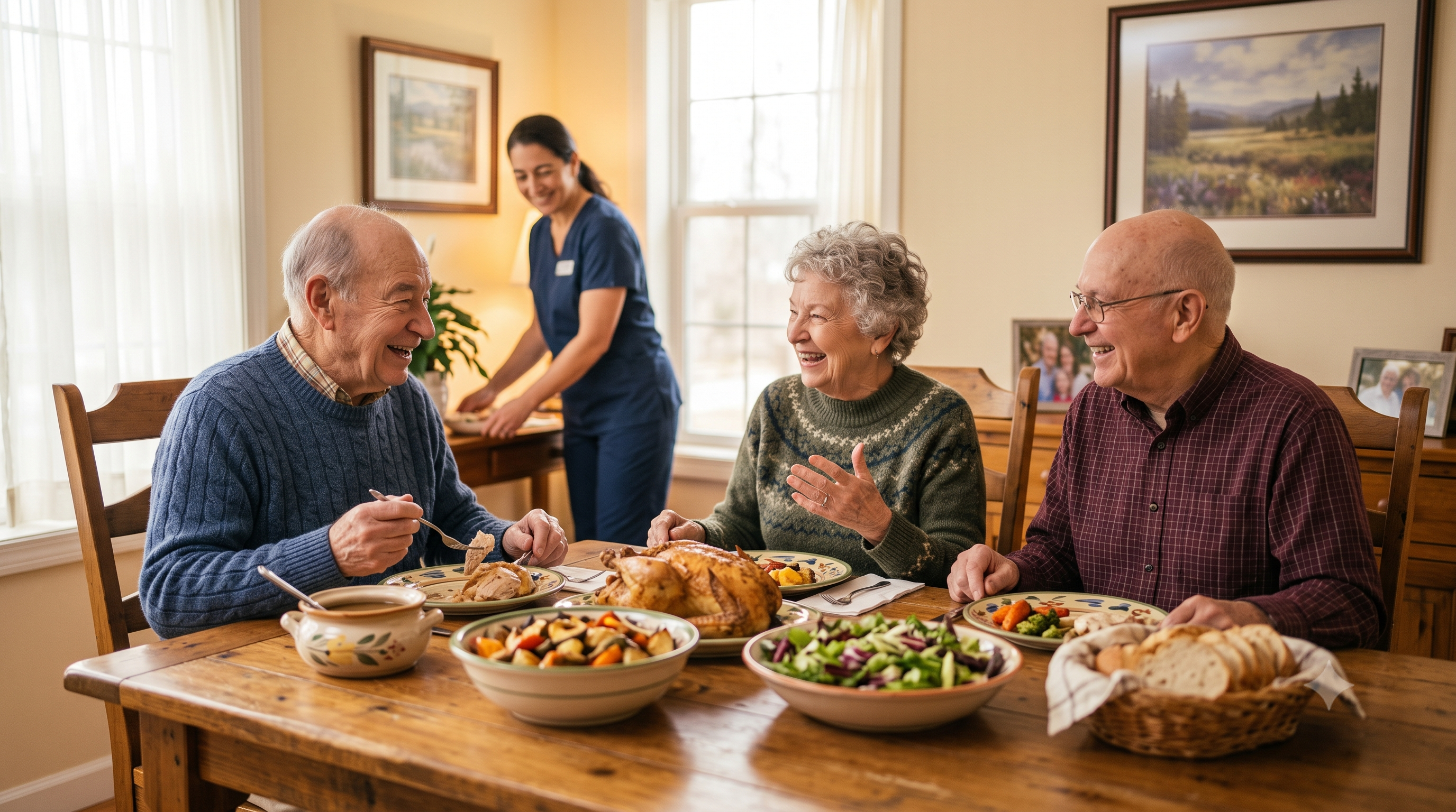 Residents enjoying a warm meal together